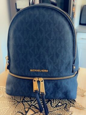 Michael Kors Dark Blue Logo Medium Size Backpack with Gold Hardware
